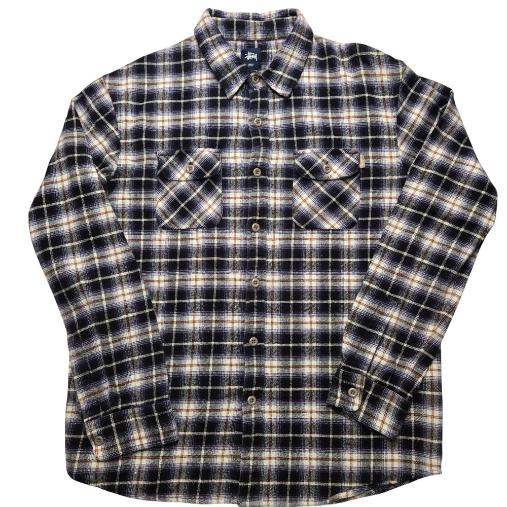 Stussy Vintage Mens Large Purple Black Plaid Flannel Button Down Long Sleeve 90s